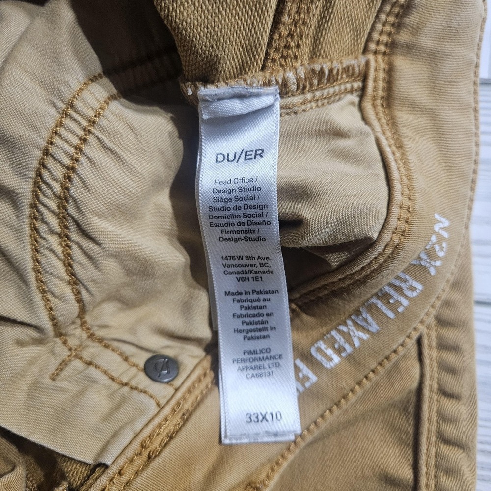 DU/ER Shorts Mens 33 Beige Canvas Chino 10 Inseam 5-Pocket Relaxed Fit Casual - Picture 3 of 5